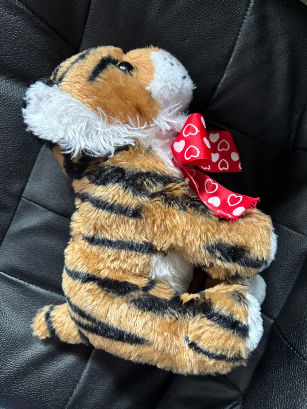 Plush Tiger Stuffed Animal with Red Heart Bow - Soft Brown & Black